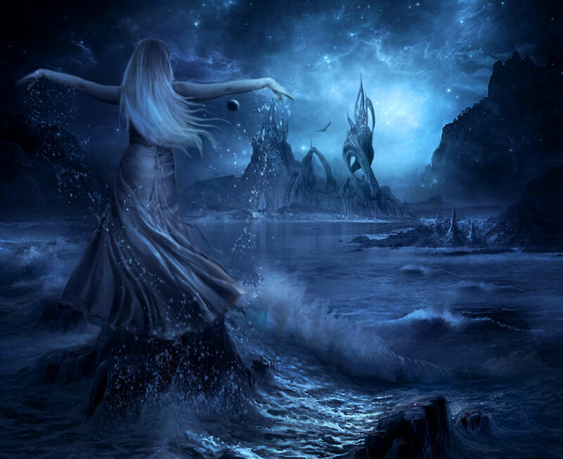 Woman in Flowing Dress — Blue, Dramatic