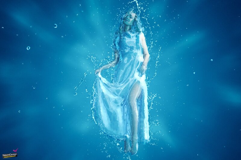 Woman in Flowing Dress — Blue, Serene, Digital Art, Bubbles