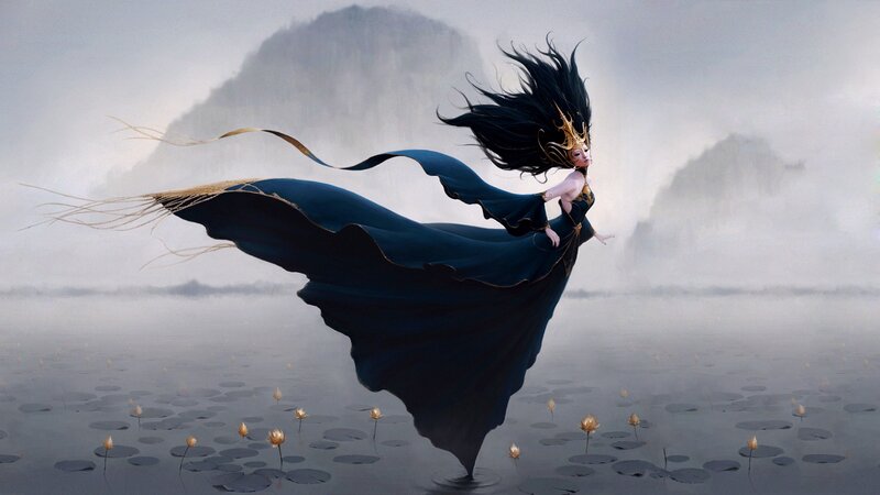 Woman in Flowing Dress — Blue, Serene, Digital Art, Mountain, Lotus Flowers, Cape