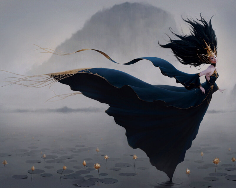 Woman in Flowing Dress — Blue, Serene, Digital Art