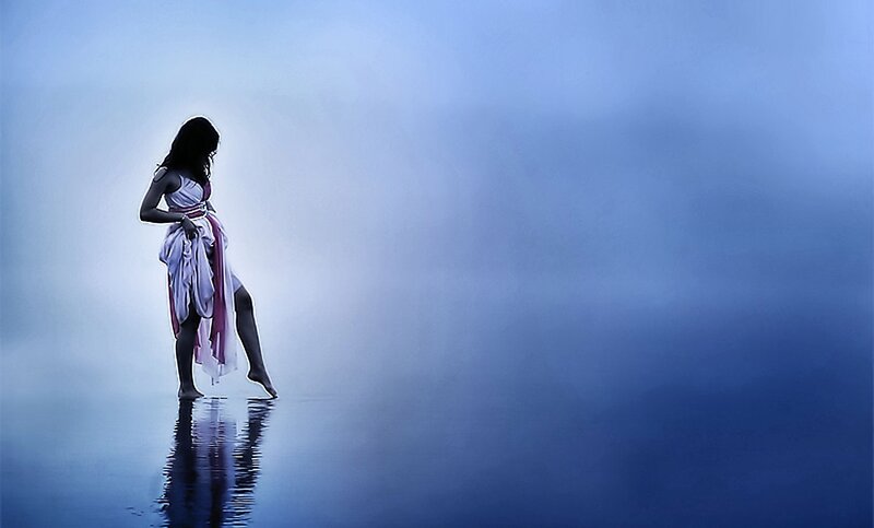 Woman in Flowing Dress — Blue, Serene, Photograph