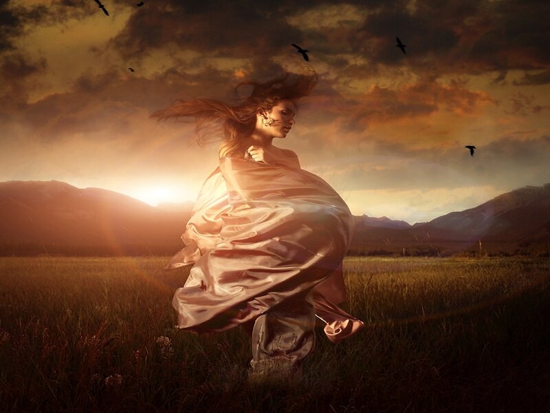 Woman in Flowing Dress — Brown, Dramatic, Sunset