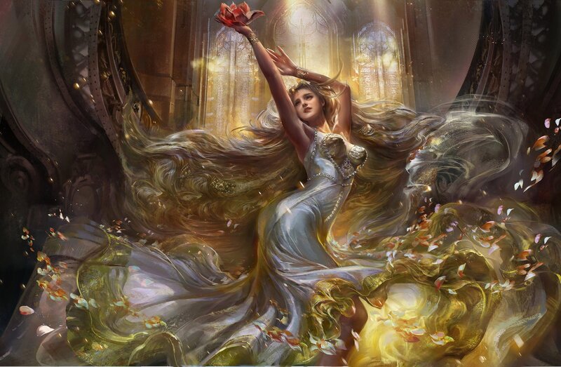 Woman in Flowing Dress — Gold, Dramatic, Digital Art, Flower