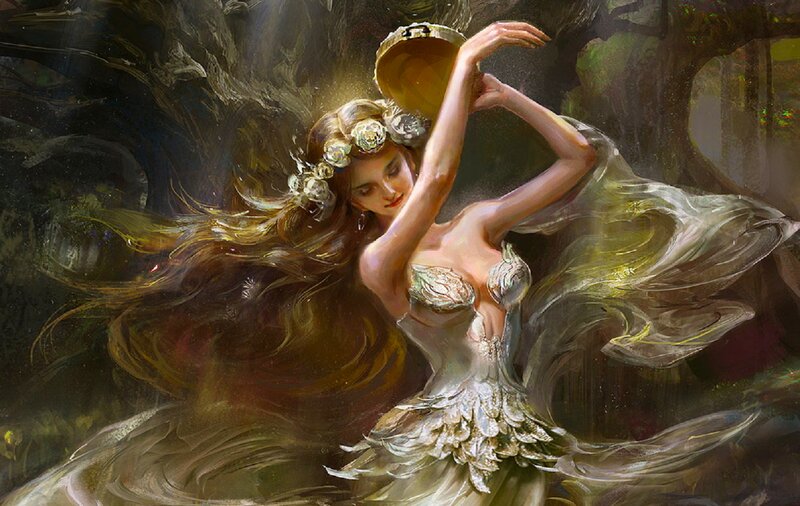 Woman in Flowing Dress — Gold, Dramatic, Digital Art, Flowers
