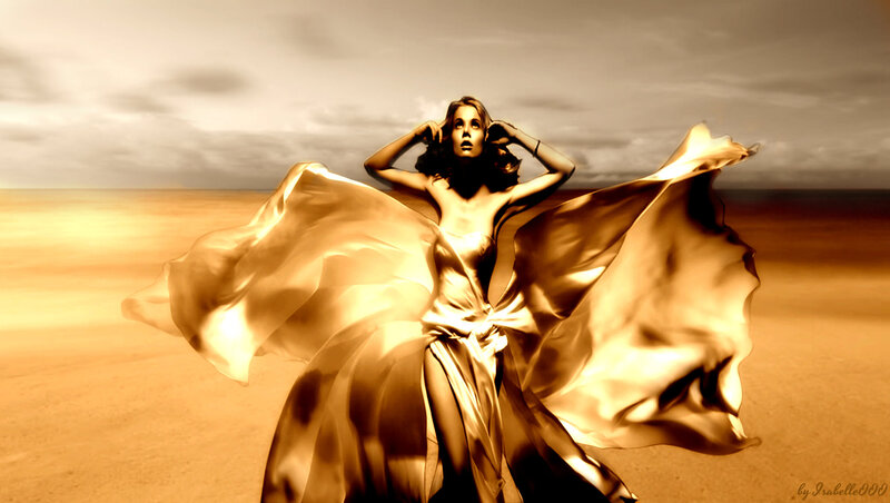 Woman in Flowing Dress — Gold, Dramatic, Sunset, Digital Art