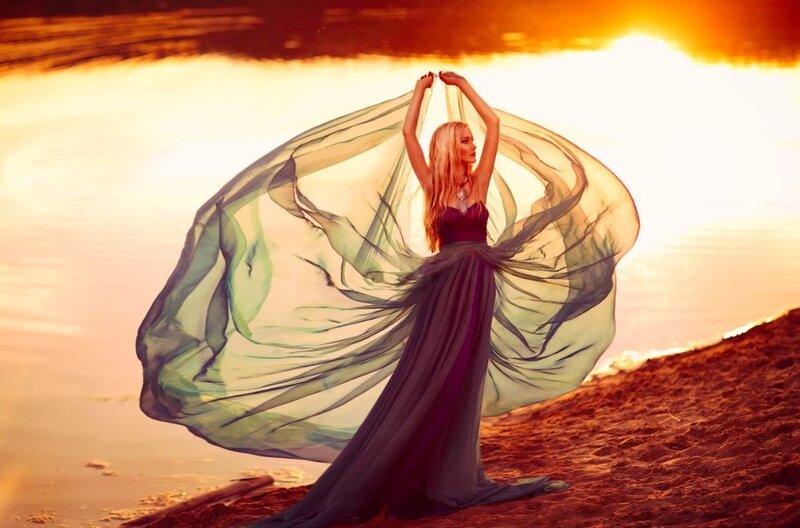 Woman in Flowing Dress — Gold, Dramatic, Sunset