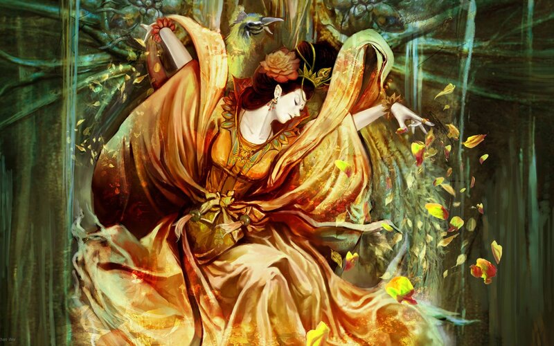 Woman in Flowing Dress — Gold, Dramatic