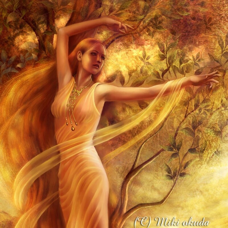 Woman in Flowing Dress — Gold, Serene, Sunset