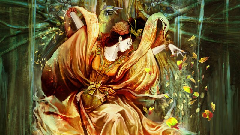 Woman in Flowing Dress — Gold, Serene
