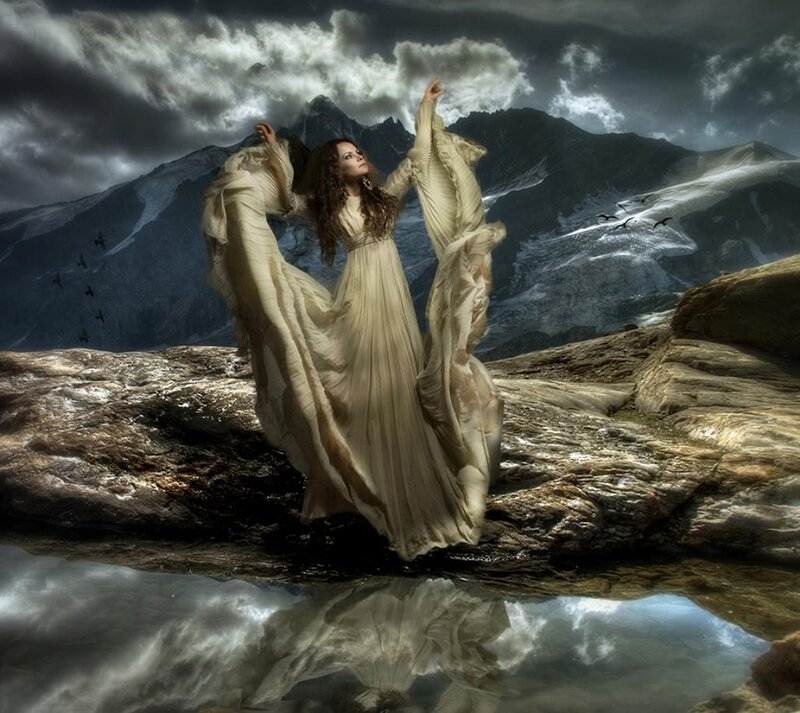 Woman in Flowing Dress — Gray, Dramatic, Digital Art, Mountains