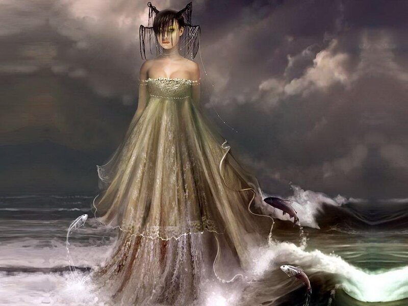 Woman in Flowing Dress — Gray, Dramatic, Digital Art
