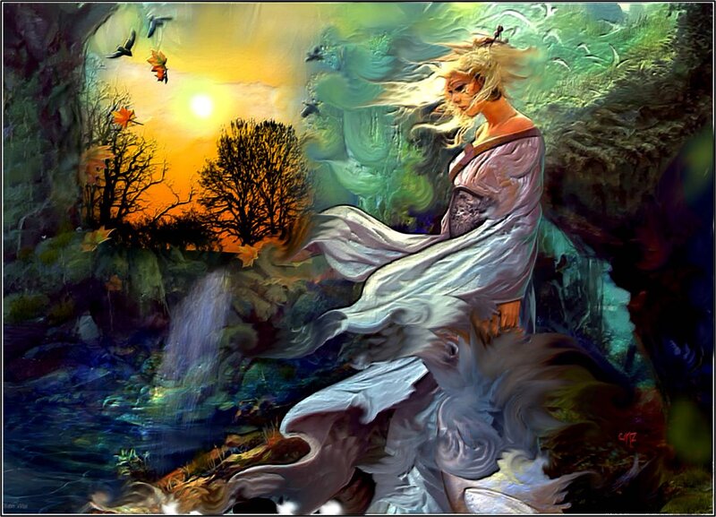 Woman in Flowing Dress — Green, Dramatic, Sunset