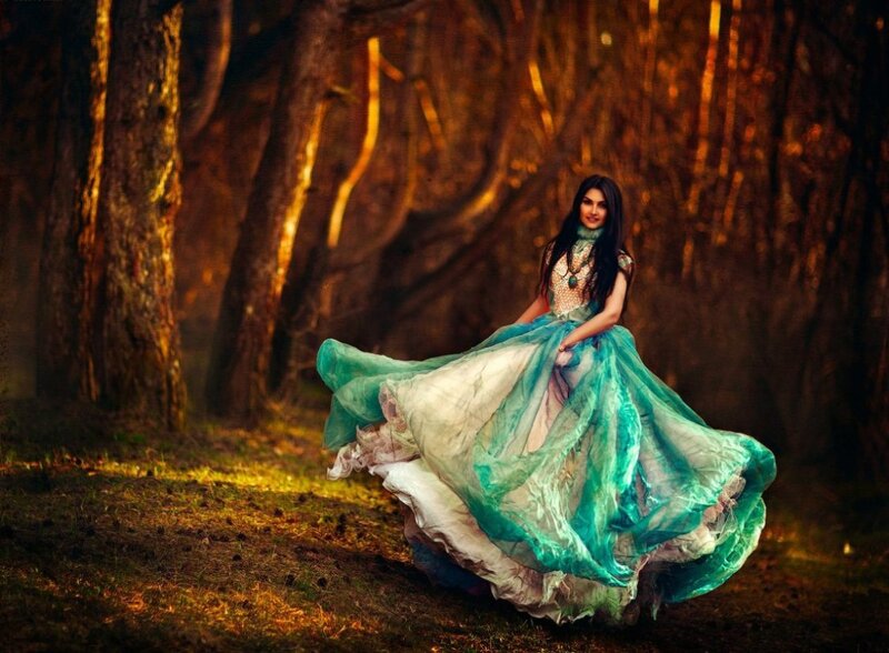 Woman in Flowing Dress — Green, Dramatic