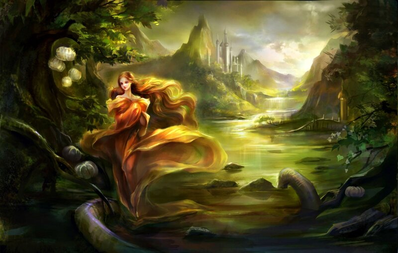 Woman in Flowing Dress — Green, Serene, Afternoon