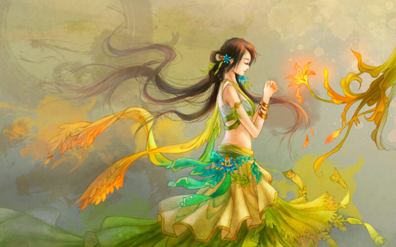 Woman in Flowing Dress — Green, Serene, Digital Art