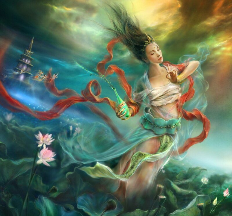 Woman in Flowing Dress — Green, Serene, Night