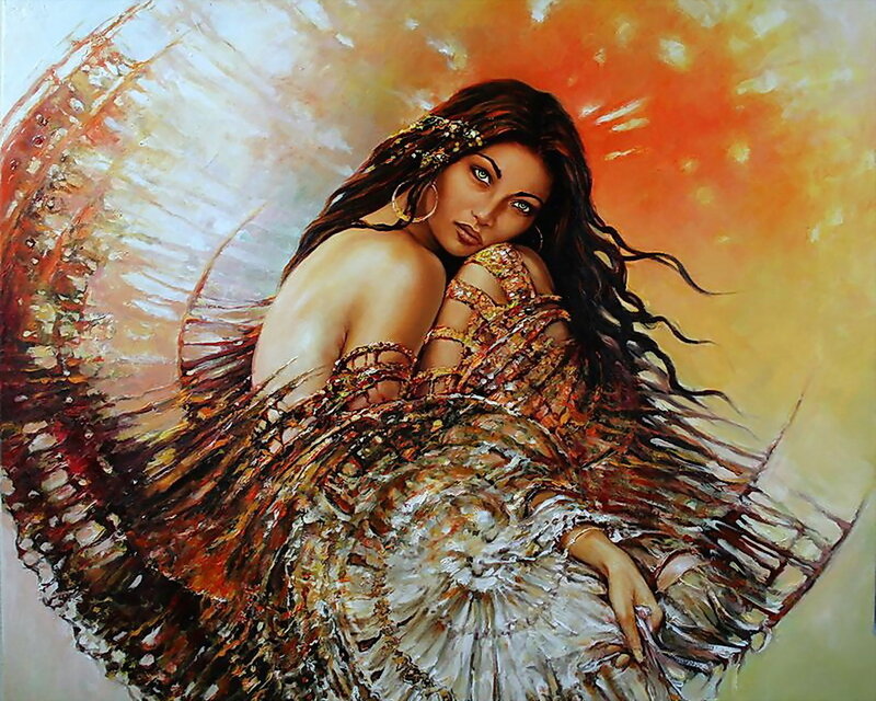 Woman in Flowing Dress — Orange, Dramatic, Sunset, Painting