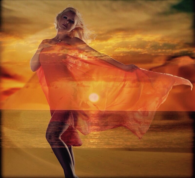 Woman in Flowing Dress — Orange, Dramatic, Sunset, Photograph