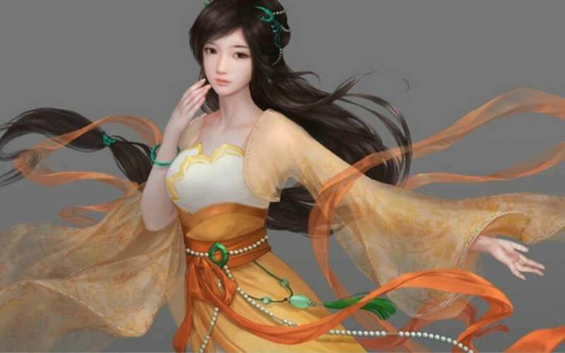 Woman in Flowing Dress — Orange, Serene, Digital Art