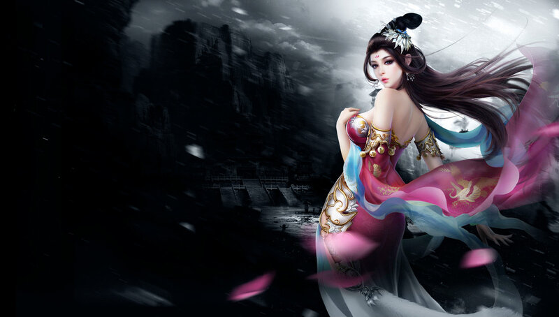 Woman in Flowing Dress — Pink, Dramatic, Night