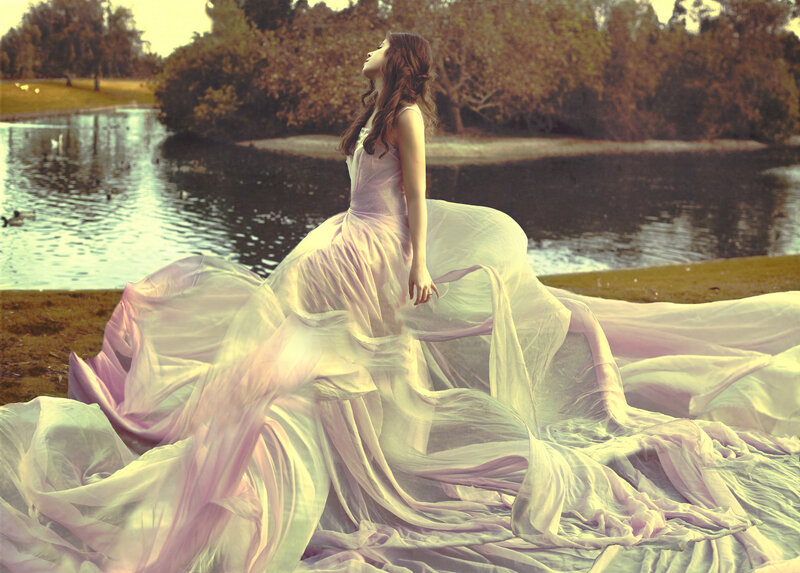 Woman in Flowing Dress — Pink, Serene, Afternoon