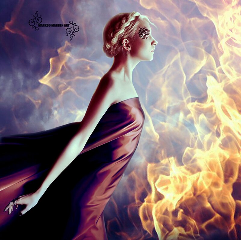 Woman in Flowing Dress — Purple, Dramatic, Digital Art, Fire