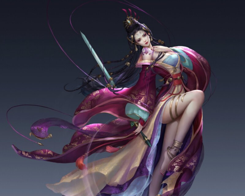 Woman in Flowing Dress — Purple, Dramatic, Digital Art, Sword