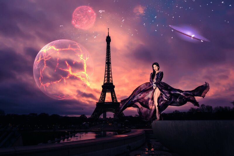 Woman in Flowing Dress — Purple, Dramatic, Night, Digital Art, Eiffel Tower