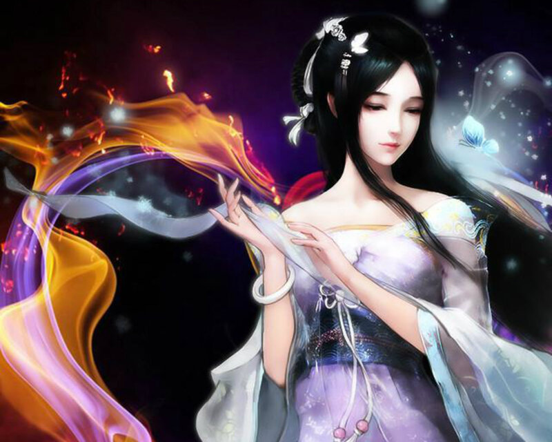 Woman in Flowing Dress — Purple, Dramatic, Night, Digital Art, Fire