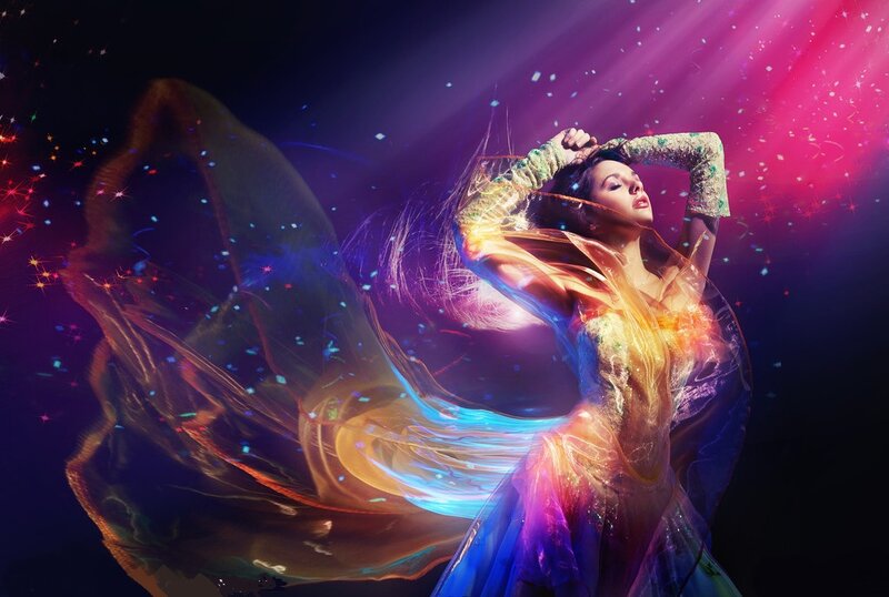 Woman in Flowing Dress — Purple, Dramatic, Night, Digital Art, Light Beams