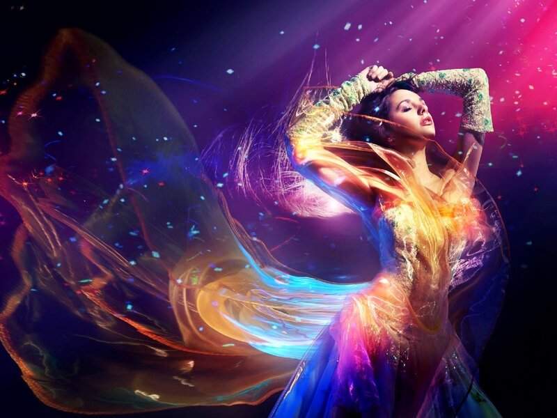 Woman in Flowing Dress — Purple, Dramatic, Night, Digital Art, Light Effects