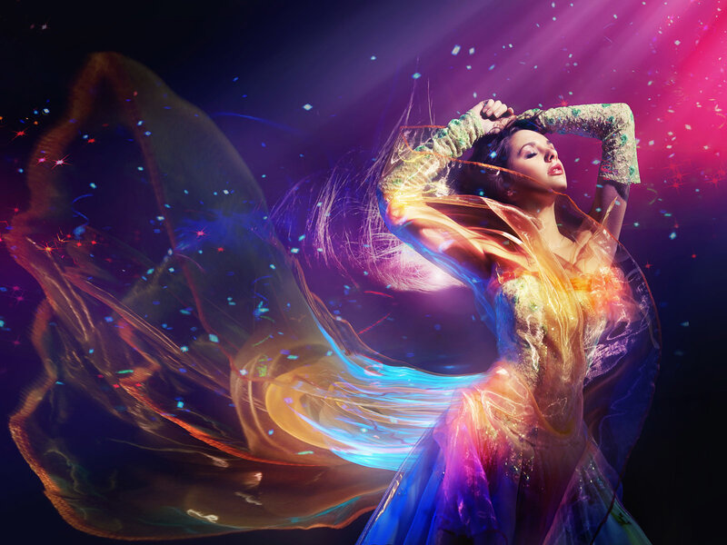 Woman in Flowing Dress — Purple, Dramatic, Night, Digital Art, Light Rays