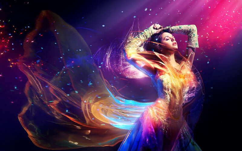 Woman in Flowing Dress — Purple, Dramatic, Night, Digital Art