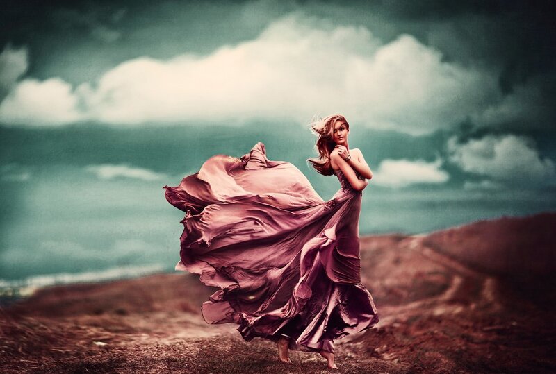 Woman in Flowing Dress — Purple, Dramatic, Photograph