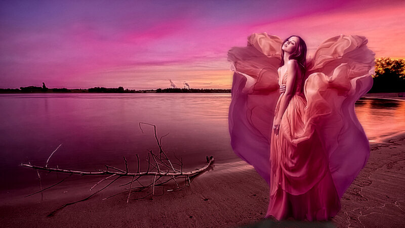 Woman in Flowing Dress — Purple, Dramatic, Sunset, Digital Art