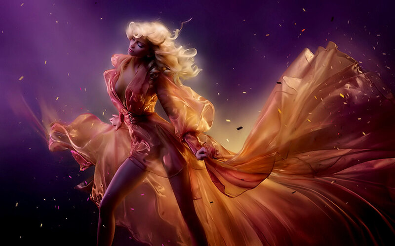 Woman in Flowing Dress — Purple, Dramatic