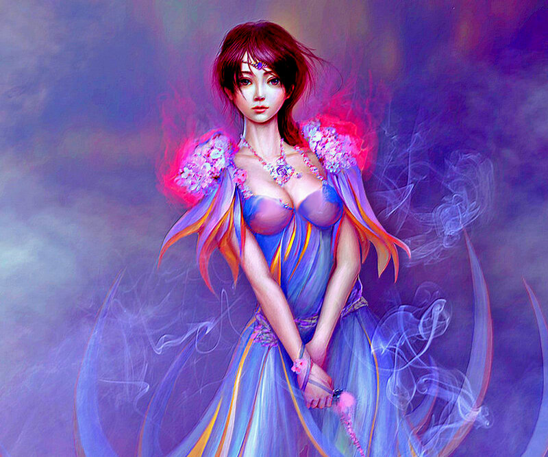 Woman in Flowing Dress — Purple, Ethereal, Digital Art, Flowers