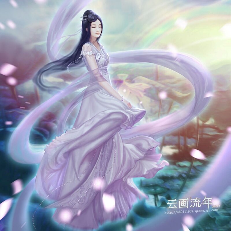 Woman in Flowing Dress — Purple, Serene, Digital Art