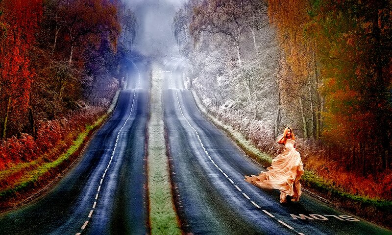 Woman in Flowing Dress — Red, Dramatic, Autumn
