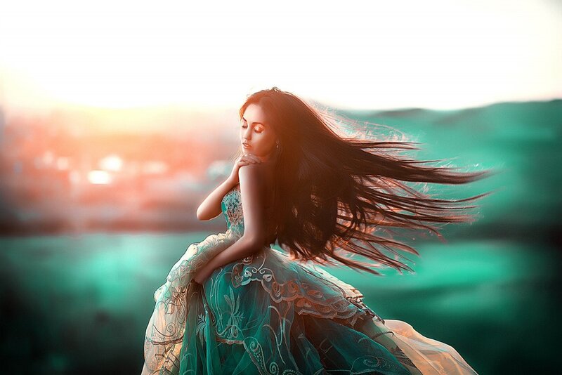 Woman in Flowing Dress — Teal, Dramatic, Sunset