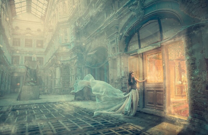 Woman in Flowing Dress — Teal, Dramatic