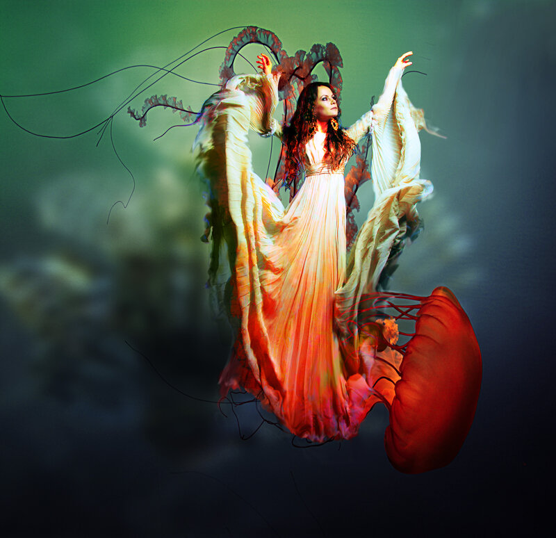 Woman in Flowing Dress — White, Dramatic, Digital Art, Jellyfish