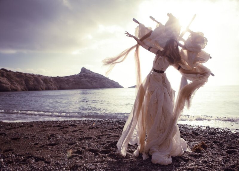 Woman in Flowing Dress — White, Dramatic, Sunset, Photograph