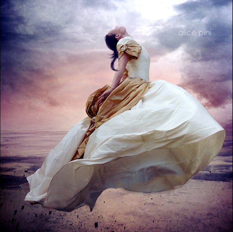 Woman in Flowing Dress — White, Dramatic, Sunset