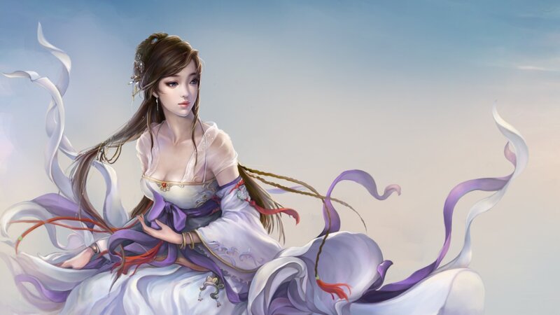 Woman in Flowing Dress — White, Serene, Digital Art