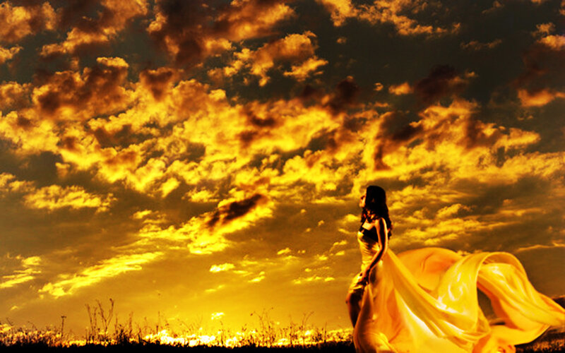 Woman in Flowing Dress — Yellow, Dramatic, Sunset
