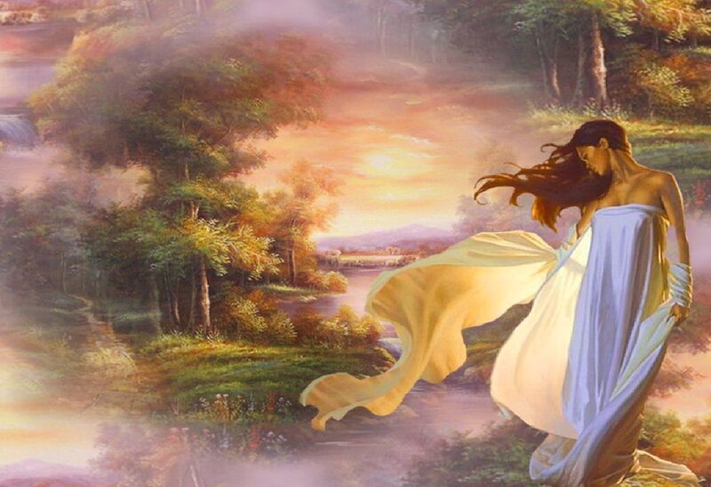 Woman in Flowing Dress — Yellow, Serene, Sunset