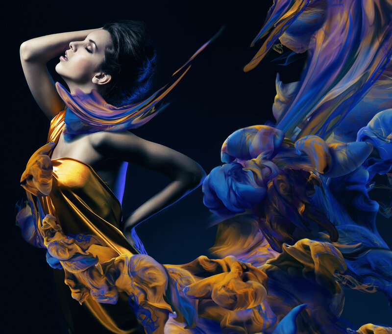 Woman in Flowing Fabric — Blue