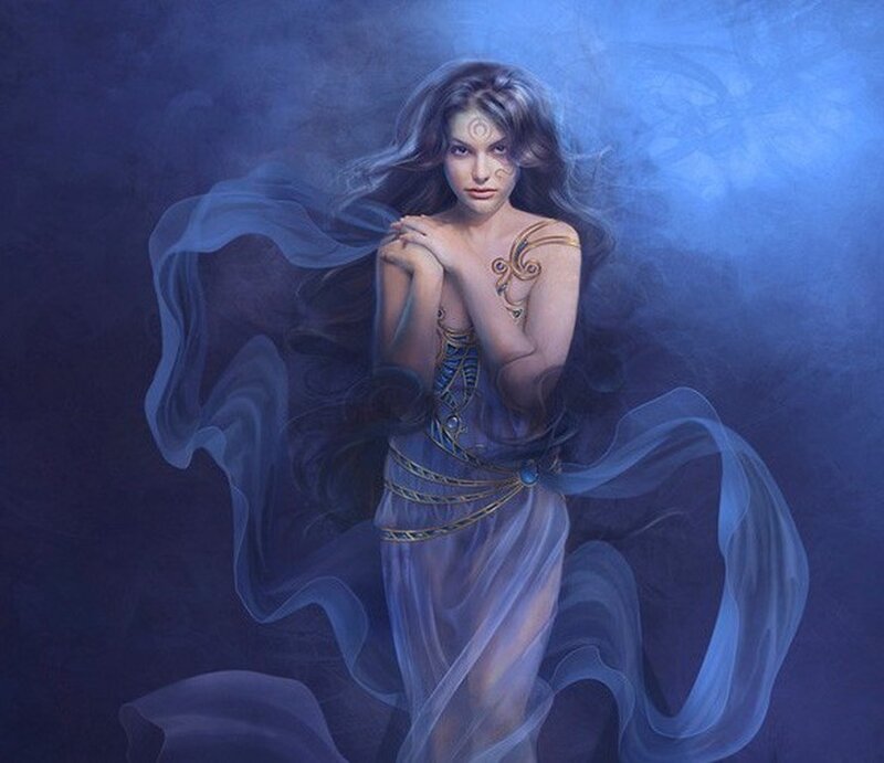 Woman in Flowing Gown — Blue, Dramatic, Digital Art