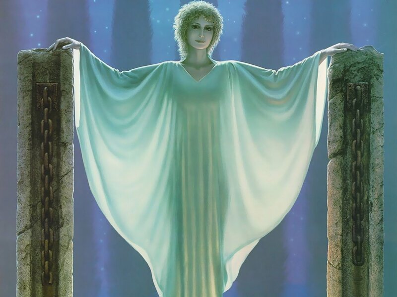 woman in flowing green robe